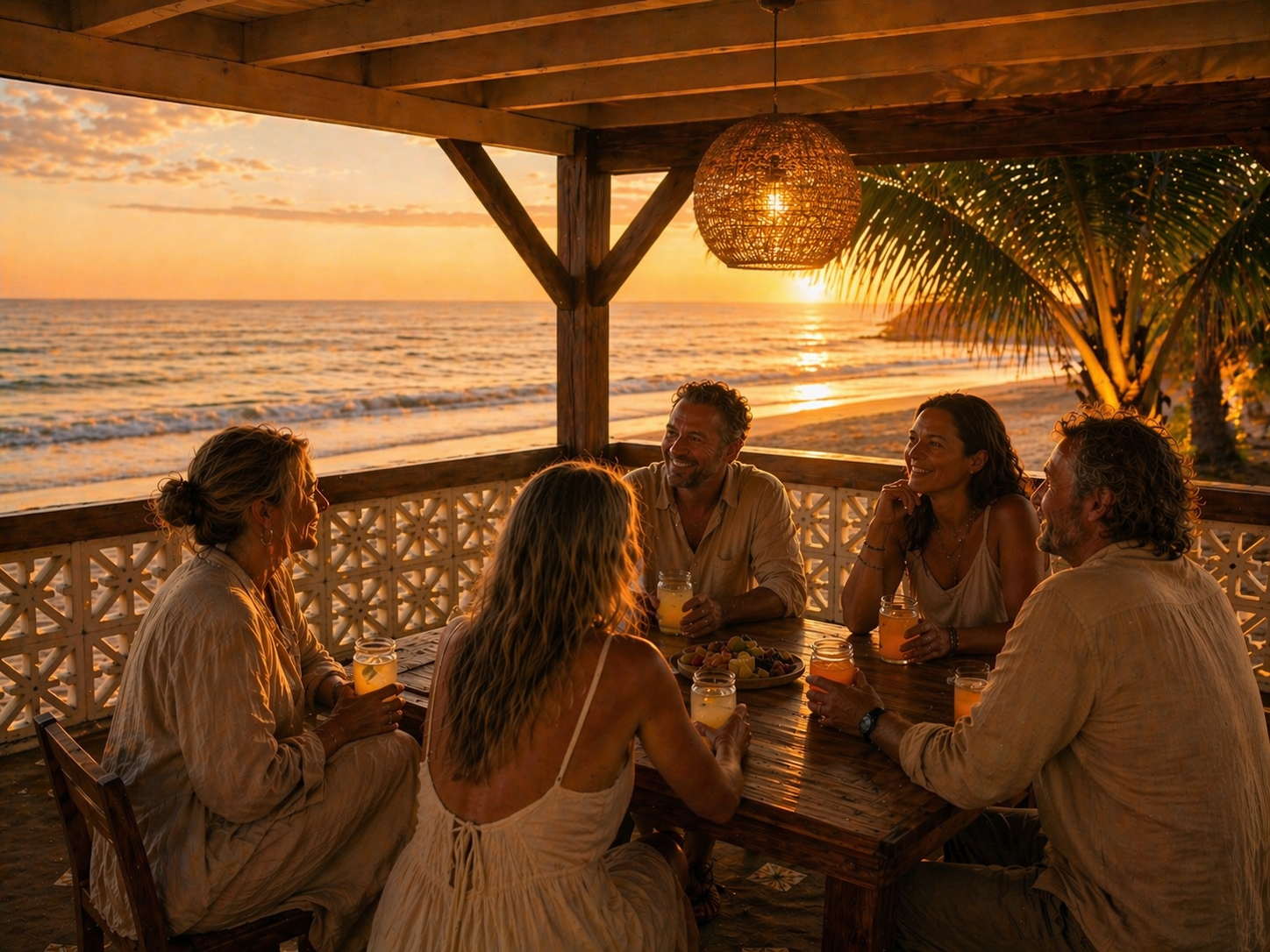 A small group gathered around a sunset table by the sea, warm lantern light.
