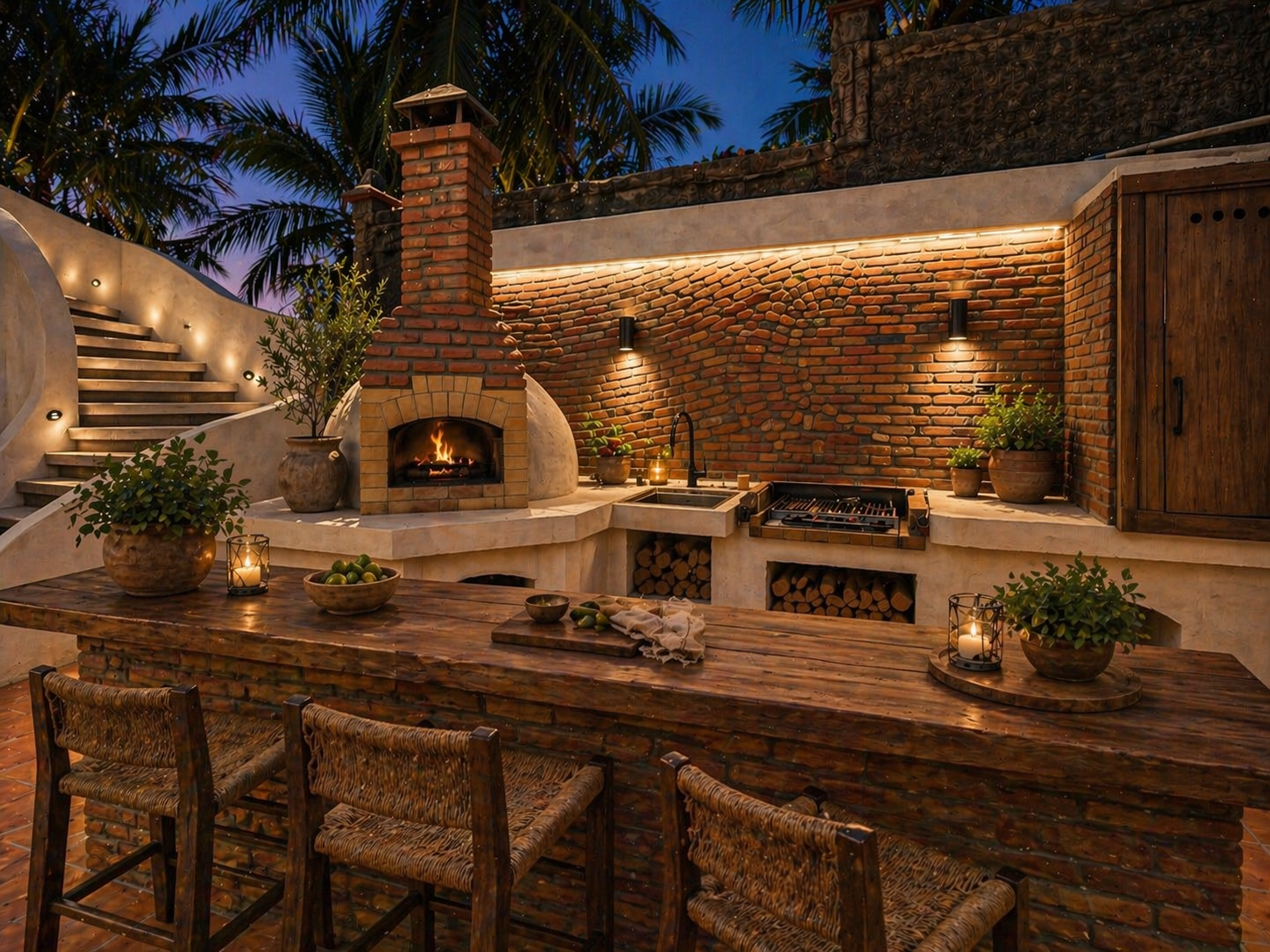 Wood-fired outdoor kitchen at night — clay oven, warm brick, long timber counter, lanterns glowing.
